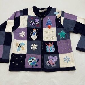 Vintage B. P. Design Christmas Sweater Purple Blue Patchwork